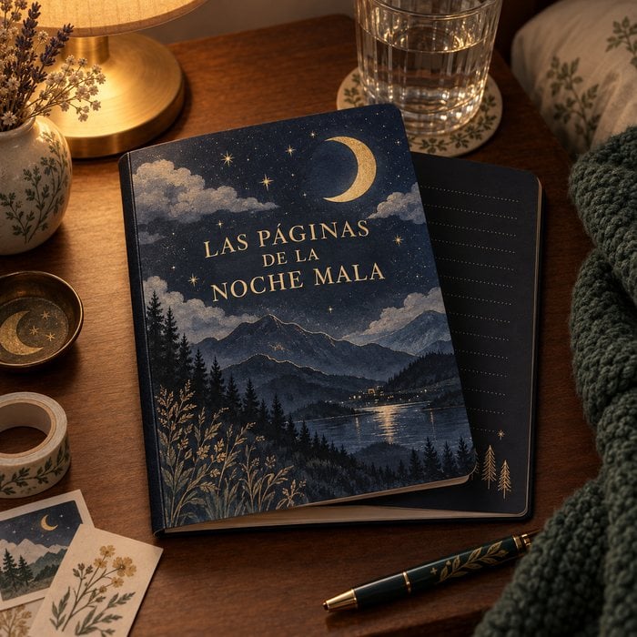 Las Páginas de la Noche Mala impresas en fondo oscuro junto a una lámpara