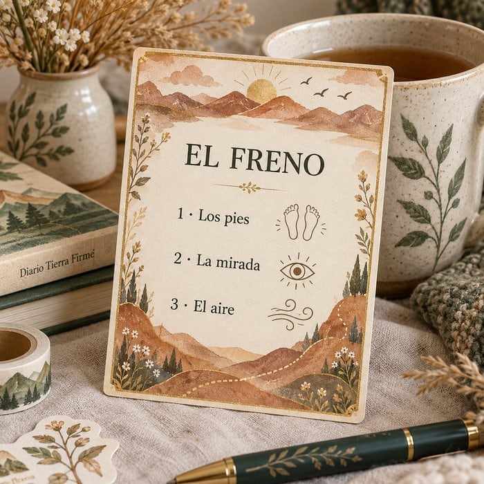 La tarjeta impresa de El Freno apoyada contra una taza