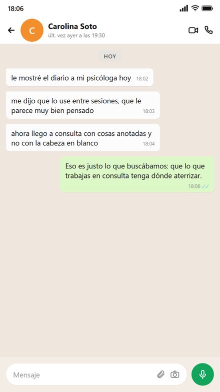 Mensaje de una mujer en terapia que lo usa entre sesiones