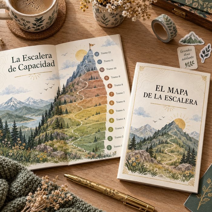La guía de inicio El Mapa de la Escalera abierta sobre la mesa