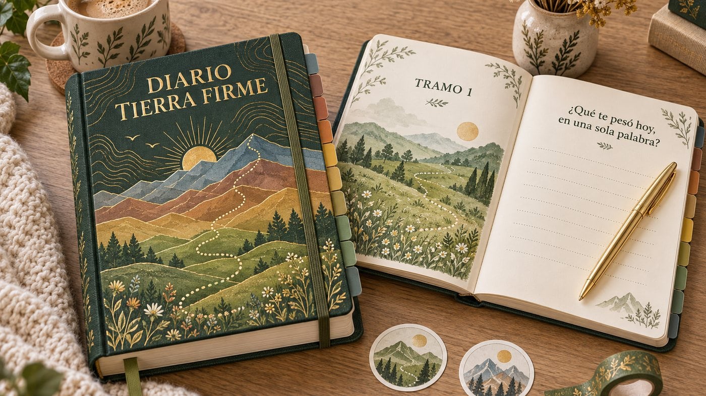 El Diario Tierra Firme impreso y encuadernado en tapa dura, con sus separadores de colores, sobre una mesa de madera con una taza