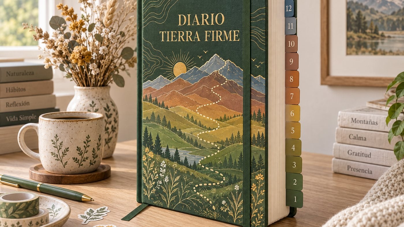 El diario de tapa dura de canto, con sus doce separadores de color escalonados del verde al azul