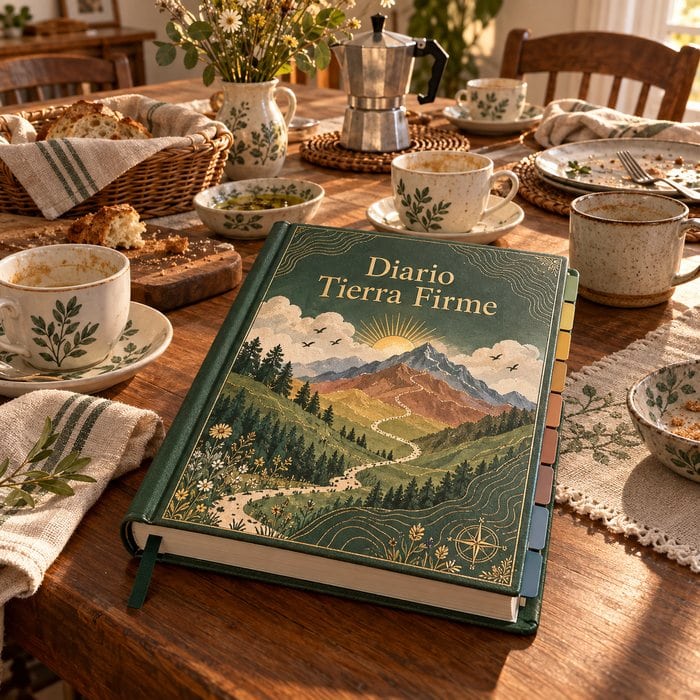 Una mesa familiar después de una comida, con tazas y platos, en una tarde tranquila