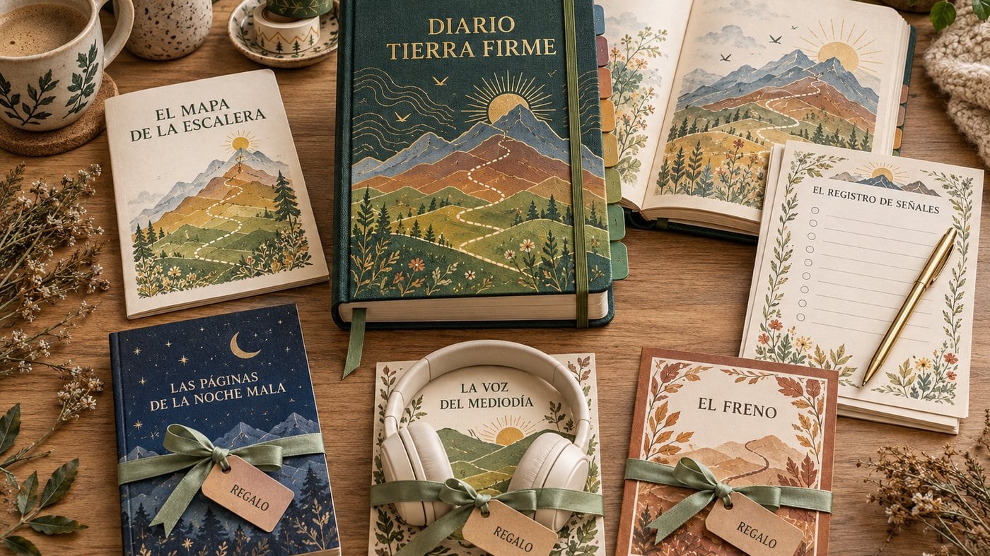 El diario de tapa dura, la guía de inicio, el Registro de Señales y los tres regalos sobre una mesa